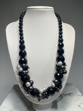 Graduated Tourmaline Spinel Pearl Cluster Sterling Silver Statement Necklace